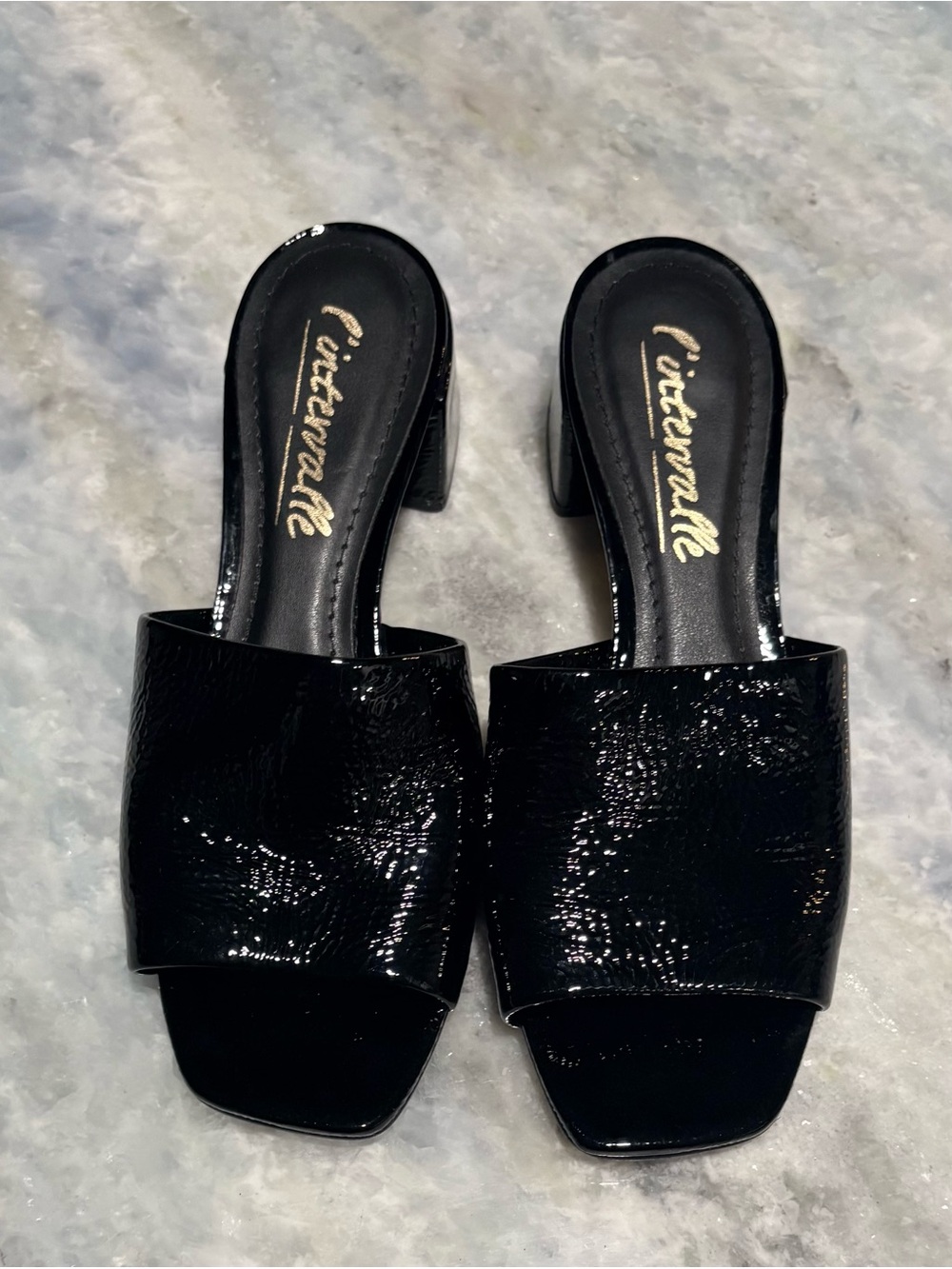 L'INTERVALLE Black Patent Slide Mules with Open Square Toe